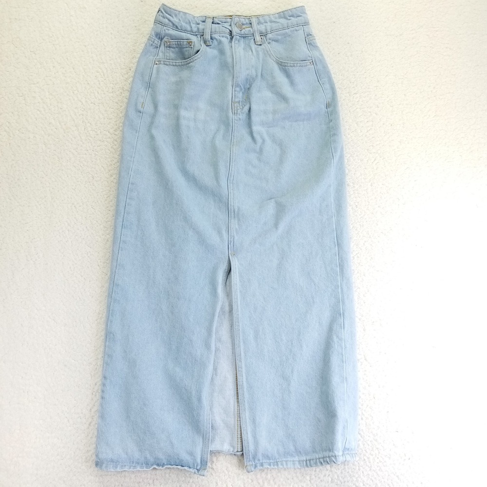 SHEIN Light Wash Denim Maxi Skirt‎ Front Slit High Waist Size 2 XS Light Blue